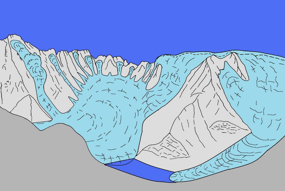 Hypothetical reconstruction of the ice-contact lake in Pont which originated thanks to the obstruction of Val Reiane by the main glacier of San Lucano (ill. DG).