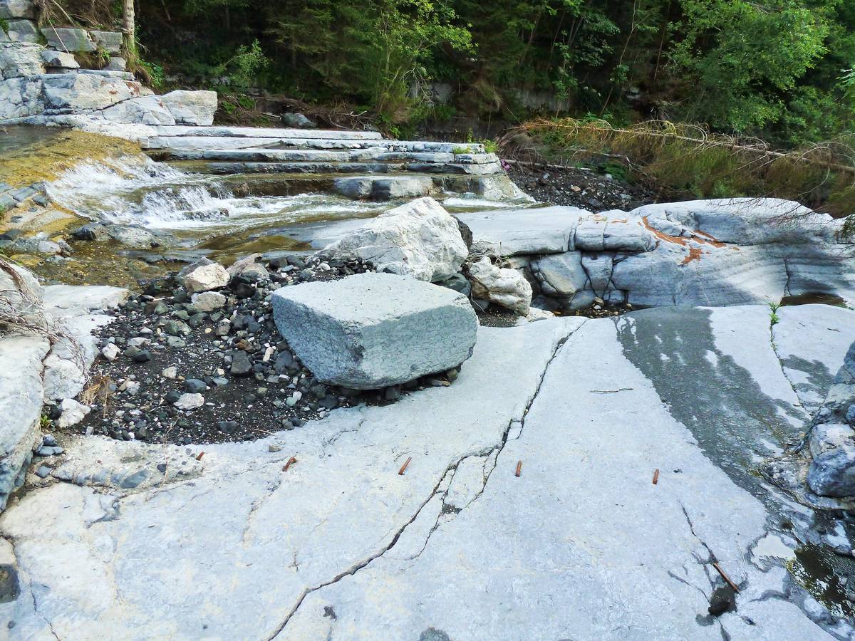 Strati di Calcare di Morbiac scoperchiati dall’erosione della tempesta Vaia, su cui si nota un blocco semilavorato di “marmo nero” (foto D.G.).