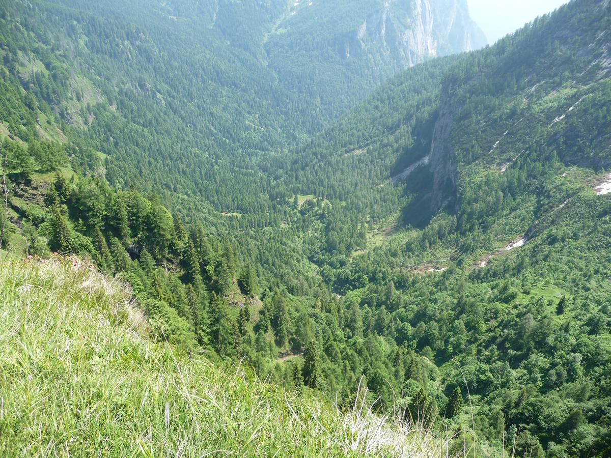 Val di Reiane and Pian della Stua; the left slope is modelled in volcanic rocks (reshaped pillow lava), whereas the right one is carved into the cliff's escarpment. The hut with the looming wall and fault (photo DG).