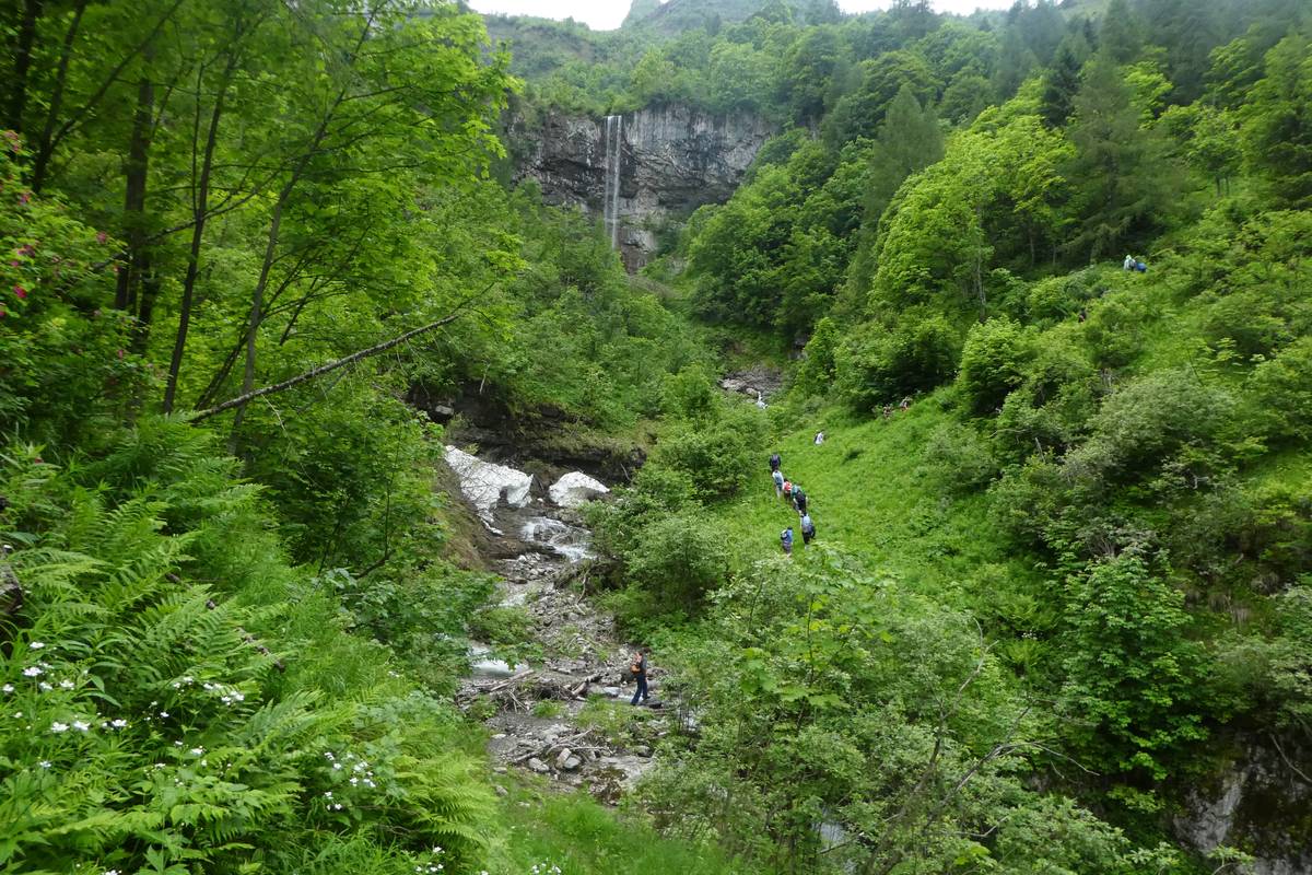 Massive ledge of the Schlern Formation intertwined with the layers of the Livinallongo Formation (photo DG).