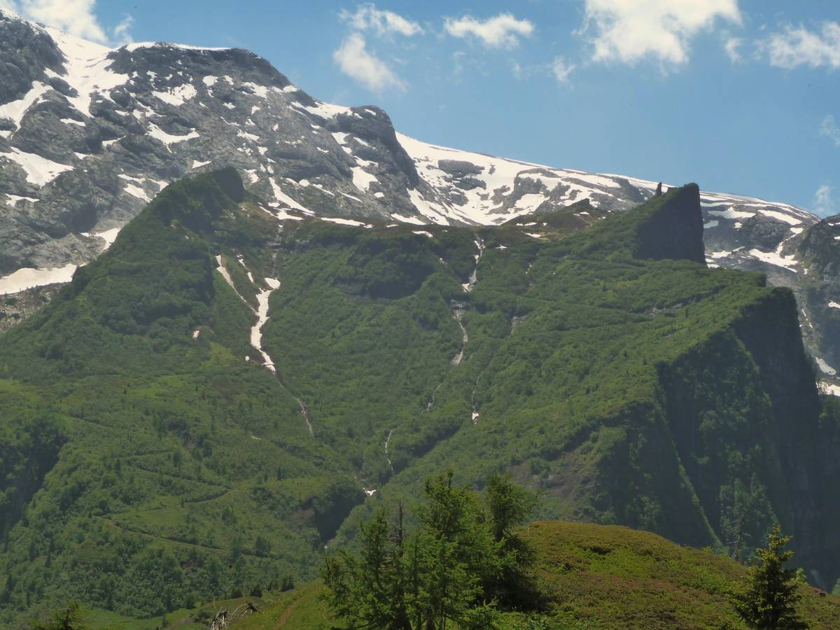 Le rocce vulcaniche del Sass Negher poggiano direttamente sulla scarpata di scogliera delle Pale, creando paesaggi vicini ma completamente diversi. Si nota la traccia della strada militare che sale verso Campo Boaro (foto D.G.). 