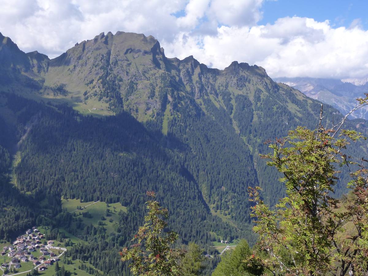 Fig. 70. Cimon della Stia e Val Garès. Il Cimon della Stia è composto per la porzione superiore da rocce vulcaniche (lave a cuscini) e vulcanoclastiche. Malga Stia, visibile sulla sinistra, è ubicata su un terrazzo di contatto glaciale (foto D.G.).