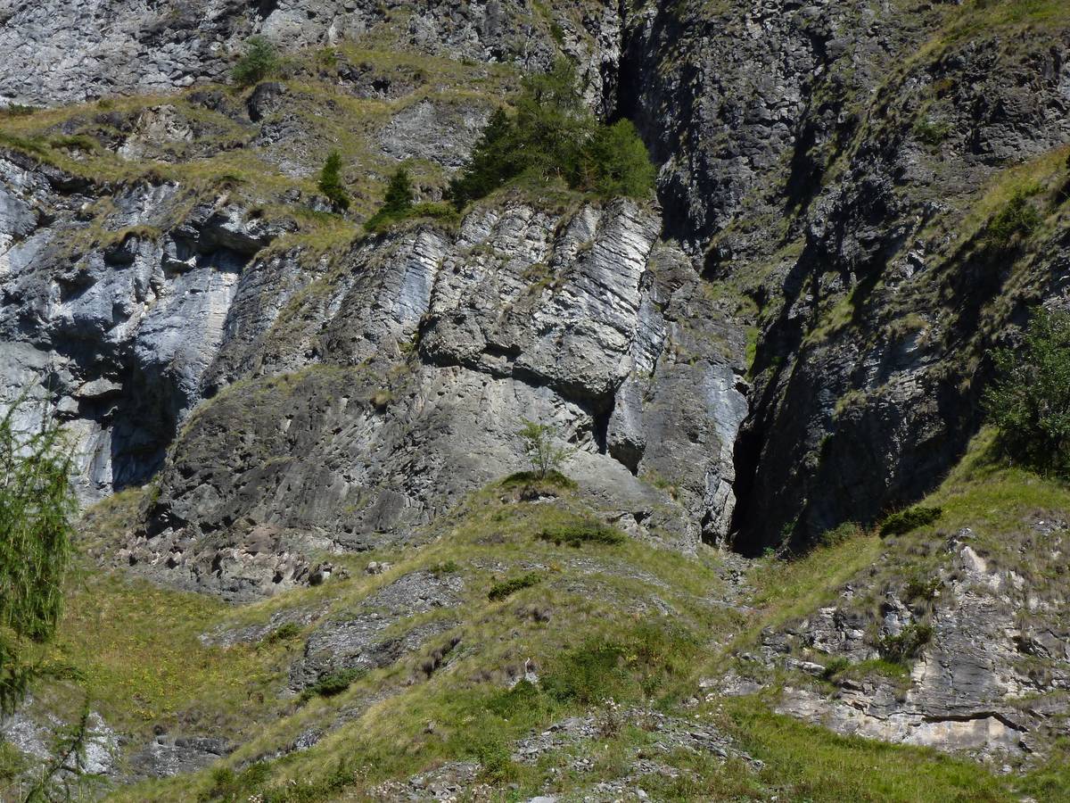 Pillow lava, typical of magmatic effusions in an underwater environment, cover the calcareous layers of the Livinallongo Formation, inside which there are layers of basalt-like with their typical columnar fracturing (photo DG).  