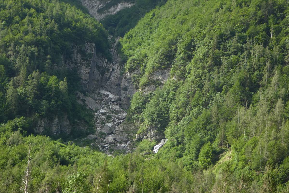 The lower part of Livinàl dell'Acqua with the water spring Scafa-San Lucano, the rocky wall is carved in the Contrin Formation (photo DG). 