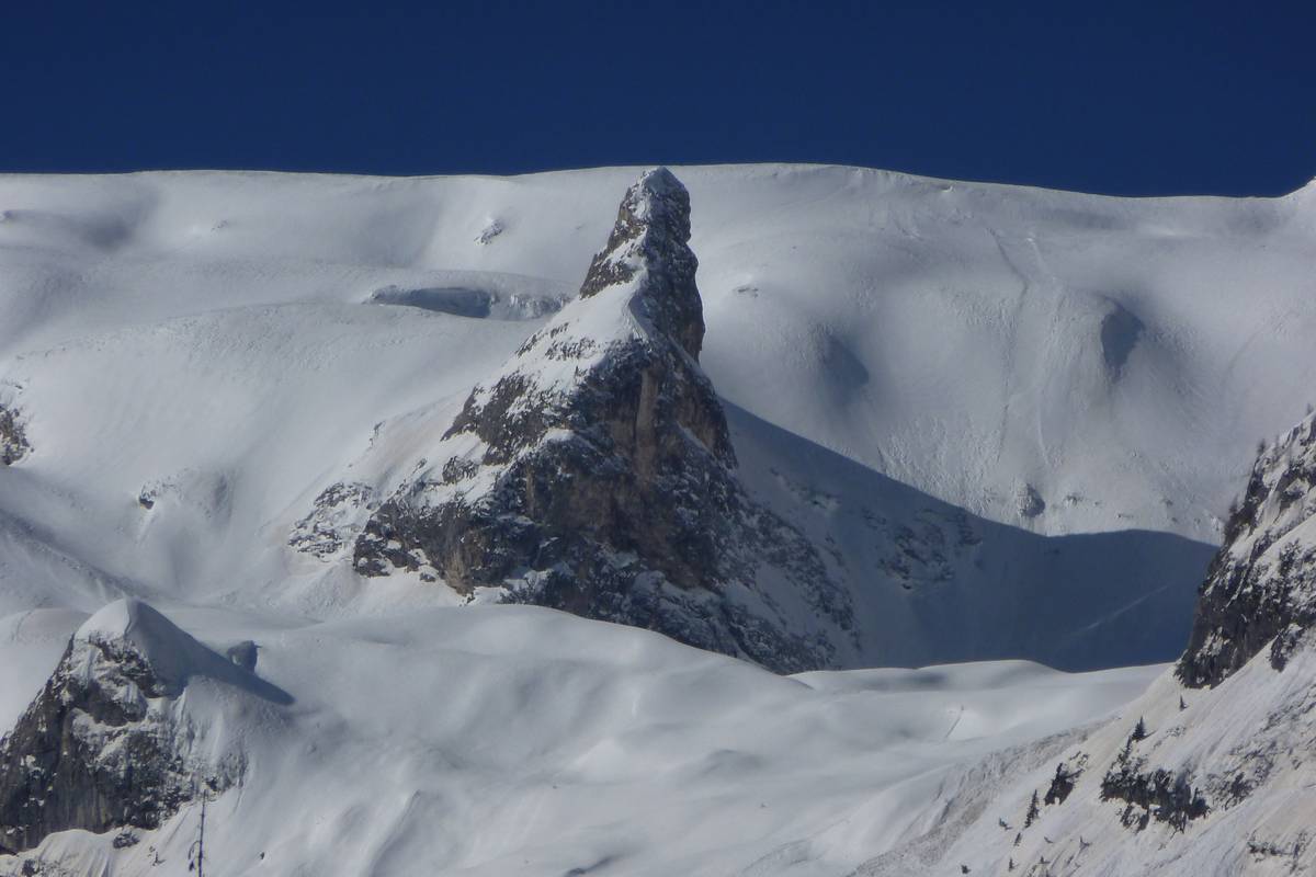 La Tromba del Miel e l’Altopiano delle Pale di San Martino (febbraio 2014) (Foto D.G.).