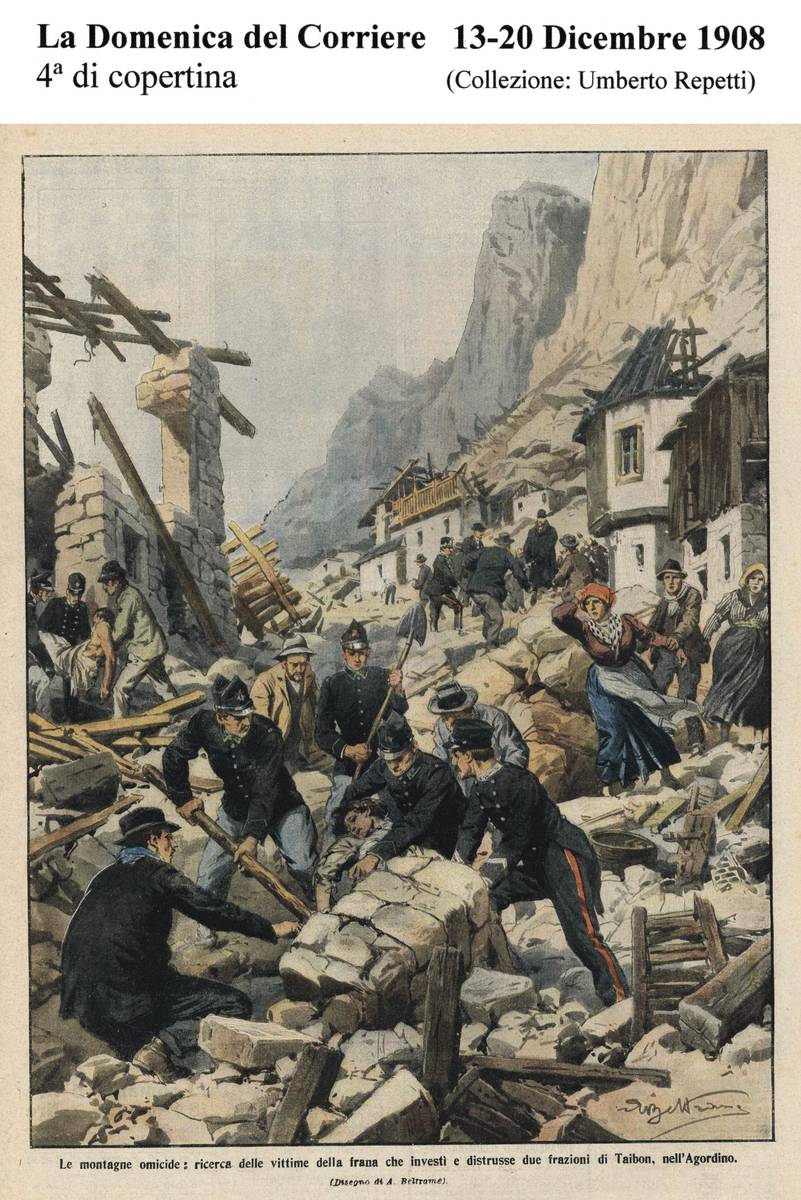 Quarta di copertina della Domenica del Corriere del 13-20 dicembre 1908 dove viene raffigurata, in un acquarello di Achille Beltrame, la tragedia di Prà e Lagunàz (collezione Umberto Repetti).