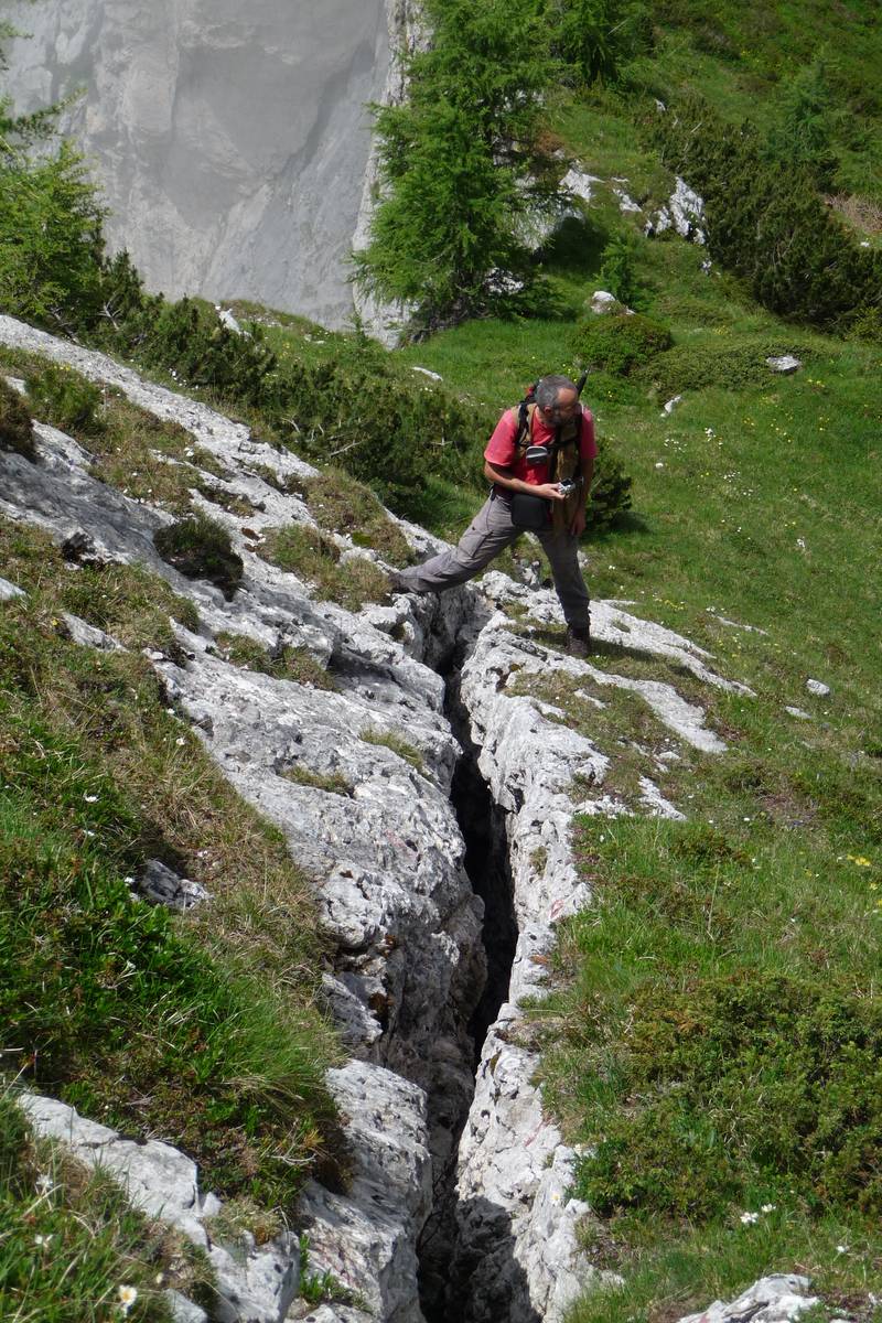 Vista della fessura perimetrale che delimita la massa instabile della Cima dei Pizzet (6 luglio 2010) (foto D.G.). 