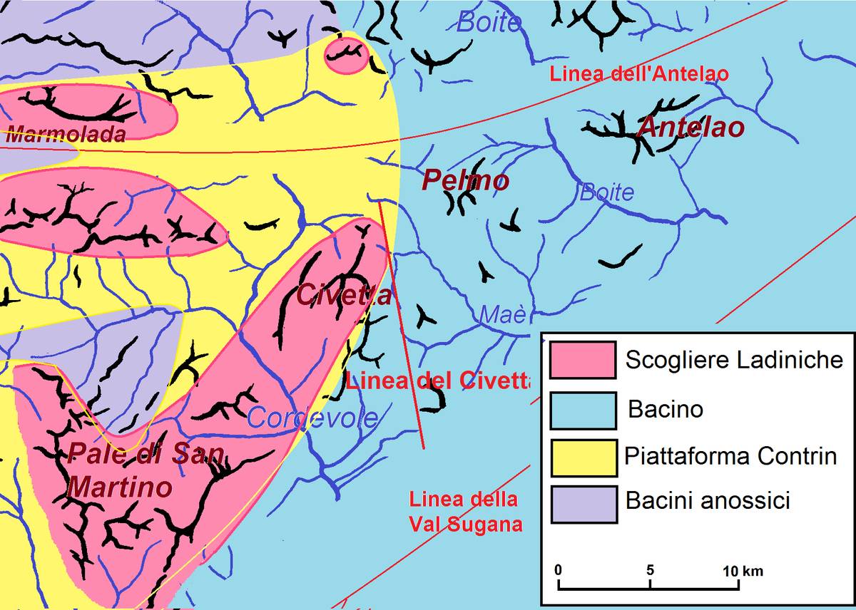 Ricostruzione dell’assetto palogeografico dell’Area Dolomitica alla fine dell’Anisico, la linea del Civetta separa la zona di alto strutturale (ovest) dove si sedimenta inizialmente la Formazione del Contrin e successivamente la Formazione dello Sciliar dall’area ribassata (est) dove si depositano formazioni bacinali (dis. D.G.). 