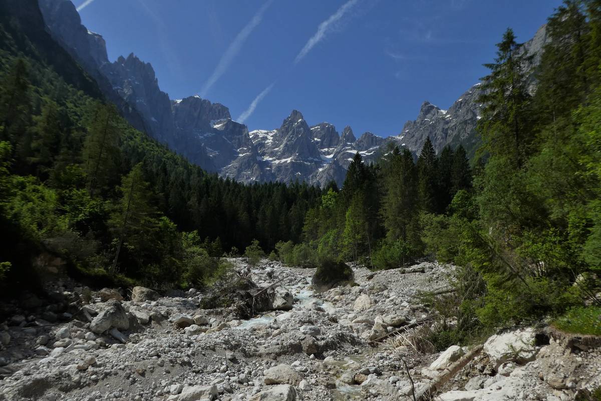 La Val d’Angheràz dalla sorgente i Polver. In primo piano il greto del Tegnàs, disseminato di chiari massi di dolomia (foto D.G.). 